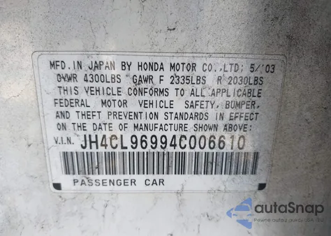 2004 Acura Tsx z USA, uszkodzony, nr VIN JH4CL96994C006610